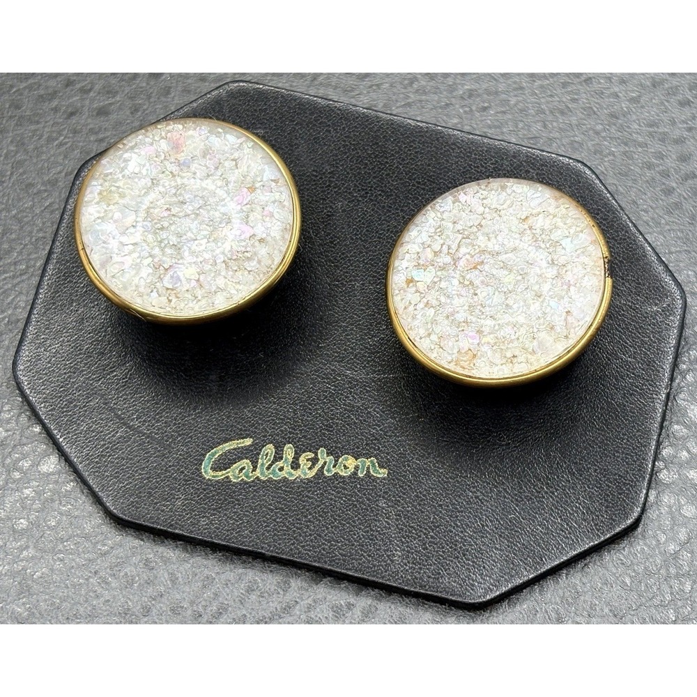 Vintage Calderon Huge Iridescent Opalescent Glitter Resin Cuffliinks Gold Tone